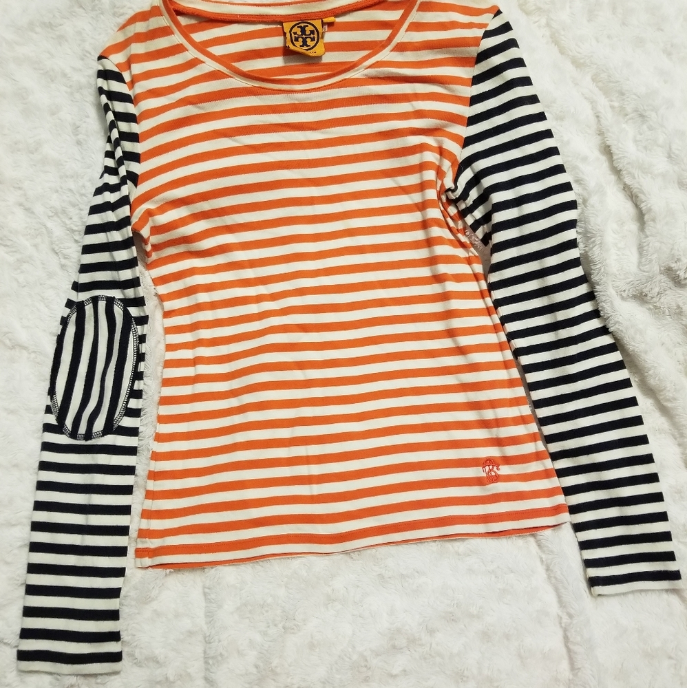 EUC Tory Burch Small Long Sleeve Top in Navy, Orange and Cream Stripes